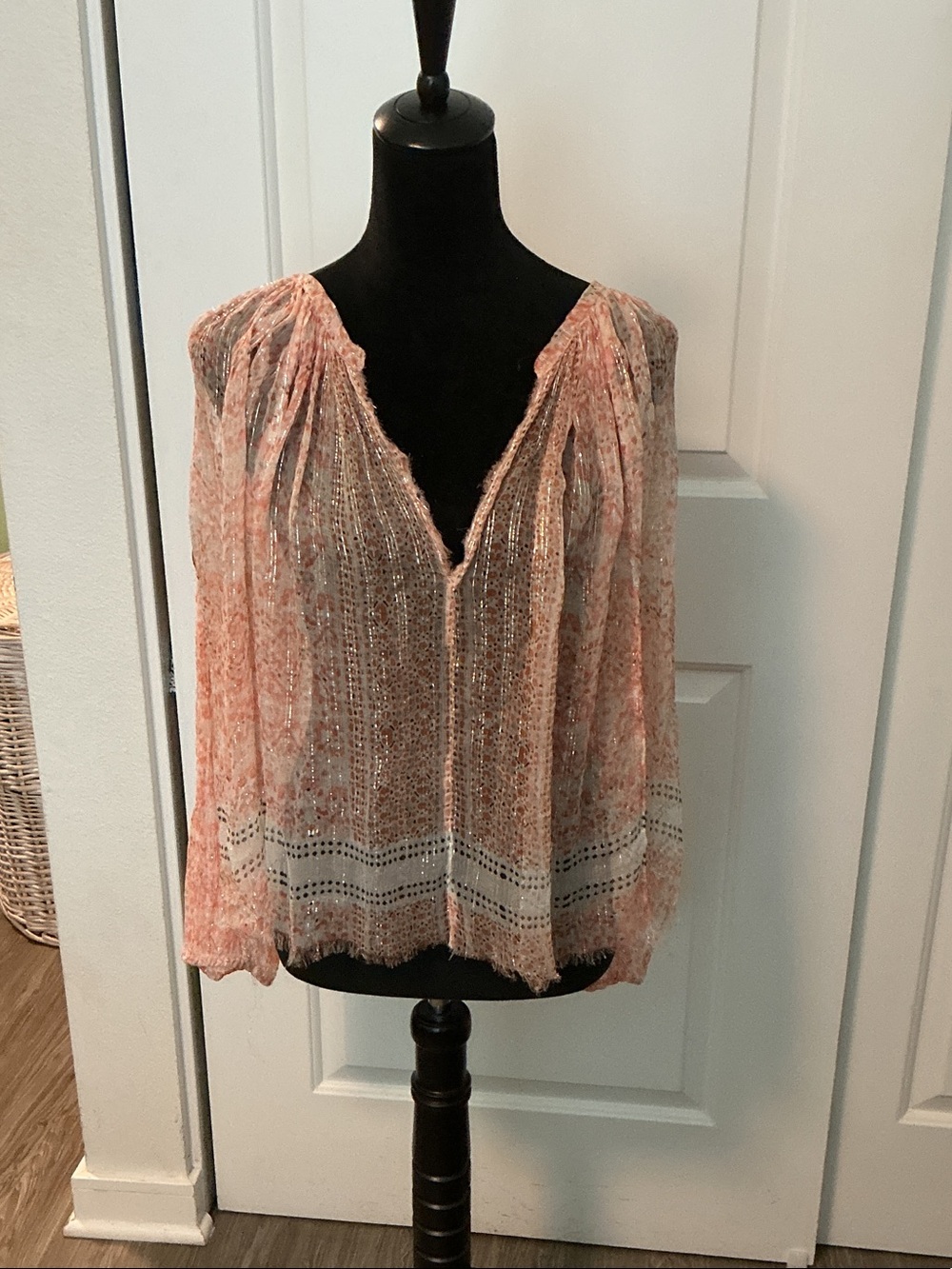 FP One Boho Peach Lace-Trim Sheer Blouse - Women Tops S
